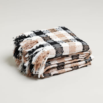 White Light Brown and Black Throw Blanket | Large 55" X 67" Inches + 3.5" Tassels | Cotton Couch, Sofa, and Bed