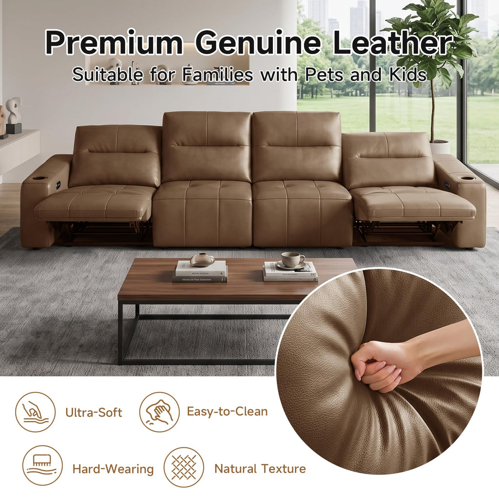 Zero Gravity Power Recliner Sofa 146", Genuine Leather Sofa with Electric Reclining Seats, Adjustable Backrests, USB