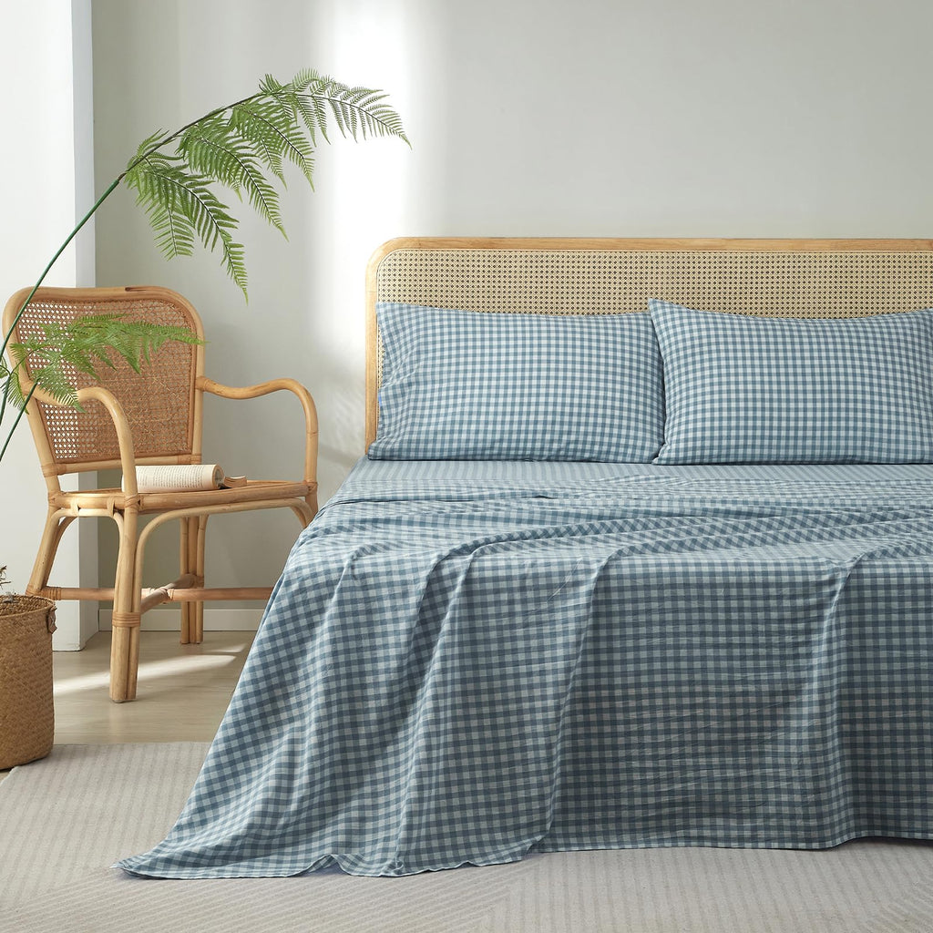 Blue Gingham Sheets Set Twin Size, Breathable Soft 100% Washed Cotton Blue Plaid Bed Sheets with 16" Deep Pocket