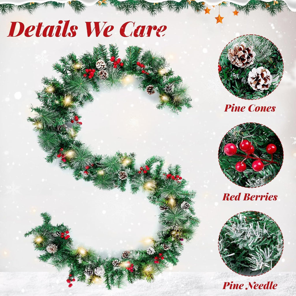 With Lights, Timer Artificial Lighted Garland Indoor for Stairs, Fireplace, 50 Lights Green Garland, Christmas