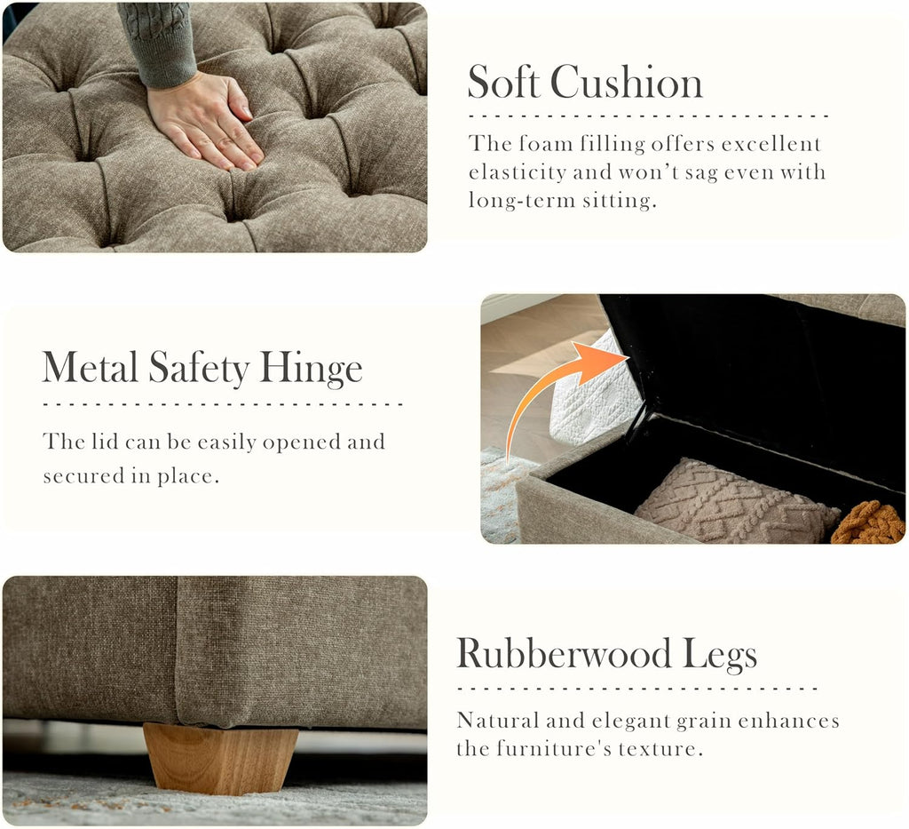 60.2'' W Storage Ottoman Bench, Chenille Upholstered Ottoman with Storage, End of Bed Storage Bench with Wood Legs