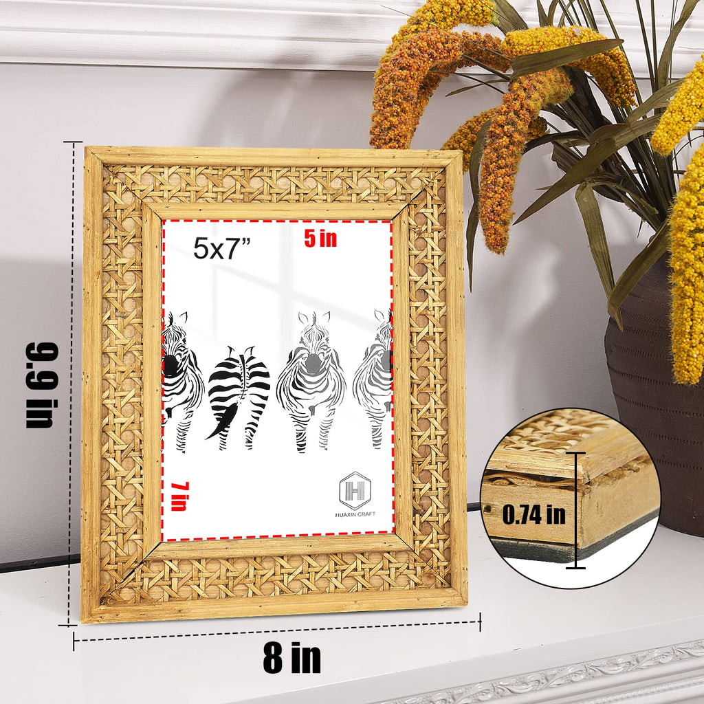Rattan 5x7 picture Frame, Wicker Boho Rustic Photo Frame, Vintage Cany Stand Table Top Desk (5x7 inch)