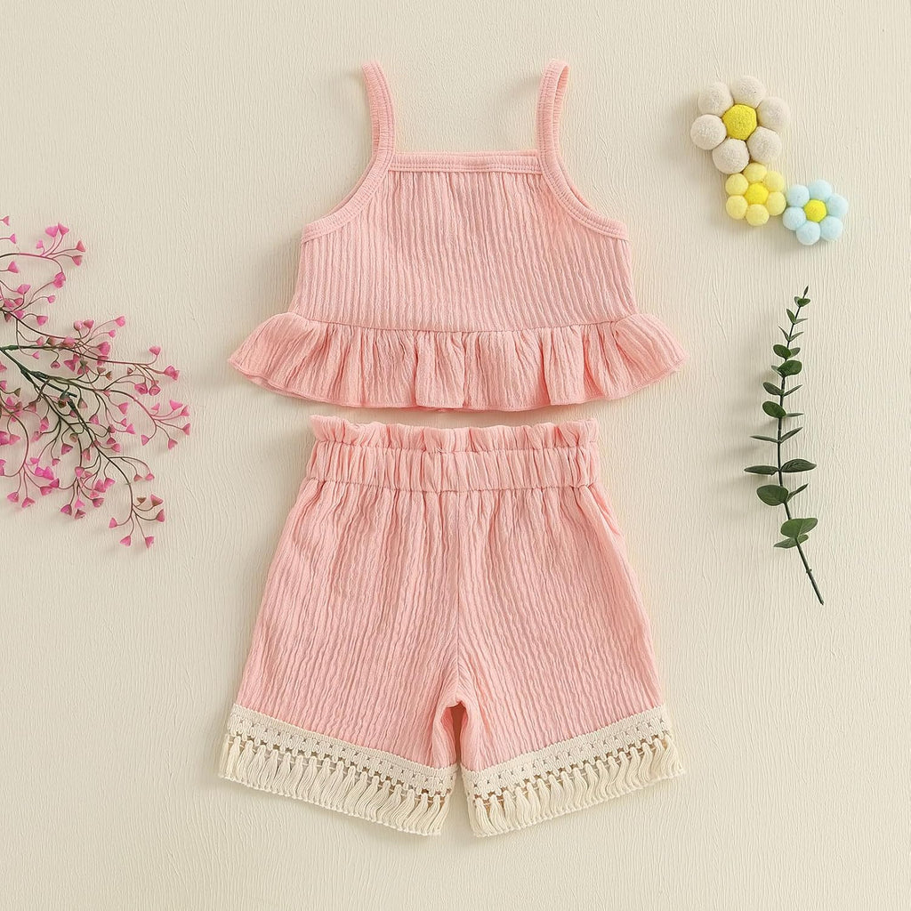 Toddler Baby Girl Crochet Outfit Floral Ruffle Camisole Tank Tops Tassels Linen Shorts Set 2Pcs Kid Boho Summer
