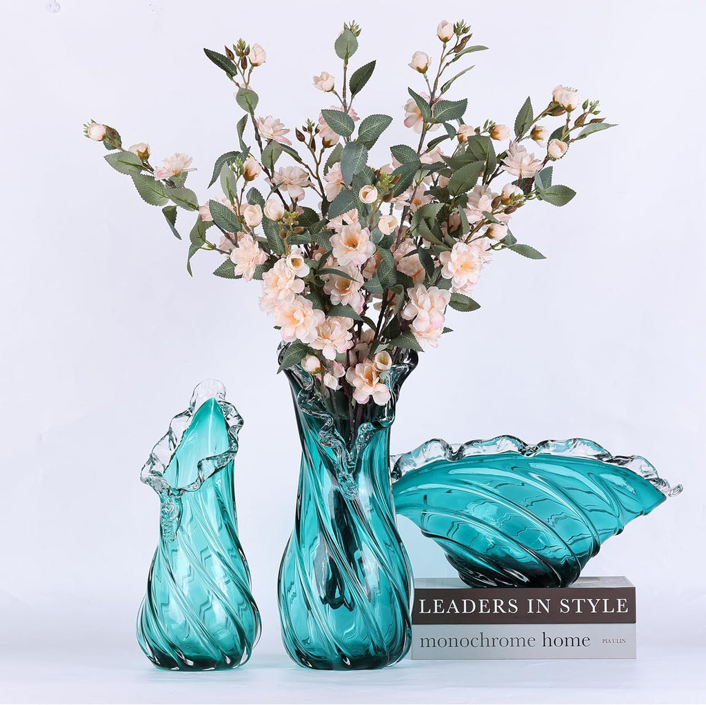 Hand Blown Blue Large Glass Vase Set - Artistic Clear Blue Vase for Coastal & Modern Home Decor, Ocean Wave Vase