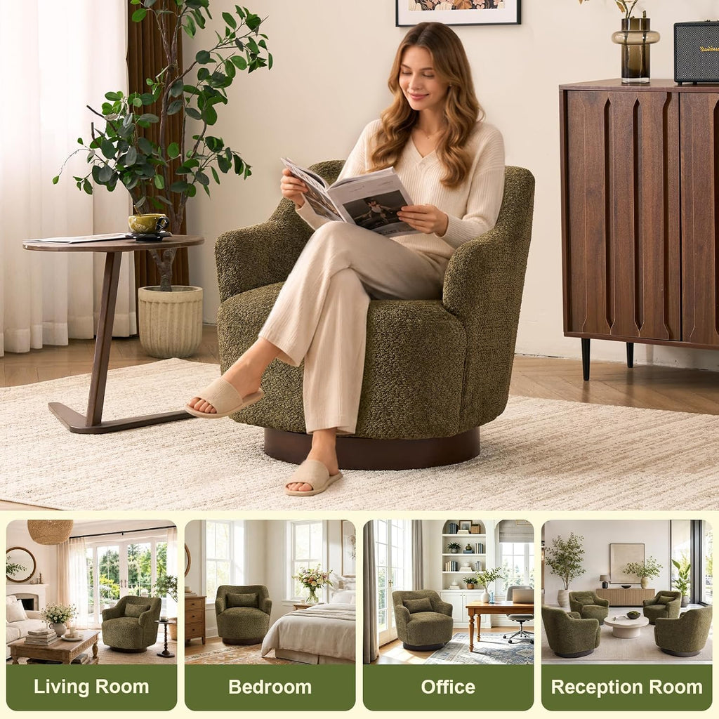 Swivel Accent Chair with Pillow, Solid Wood Base, Olive Green | 360°Swivel Accent Chair, Swivel Barrel Chair, Modern
