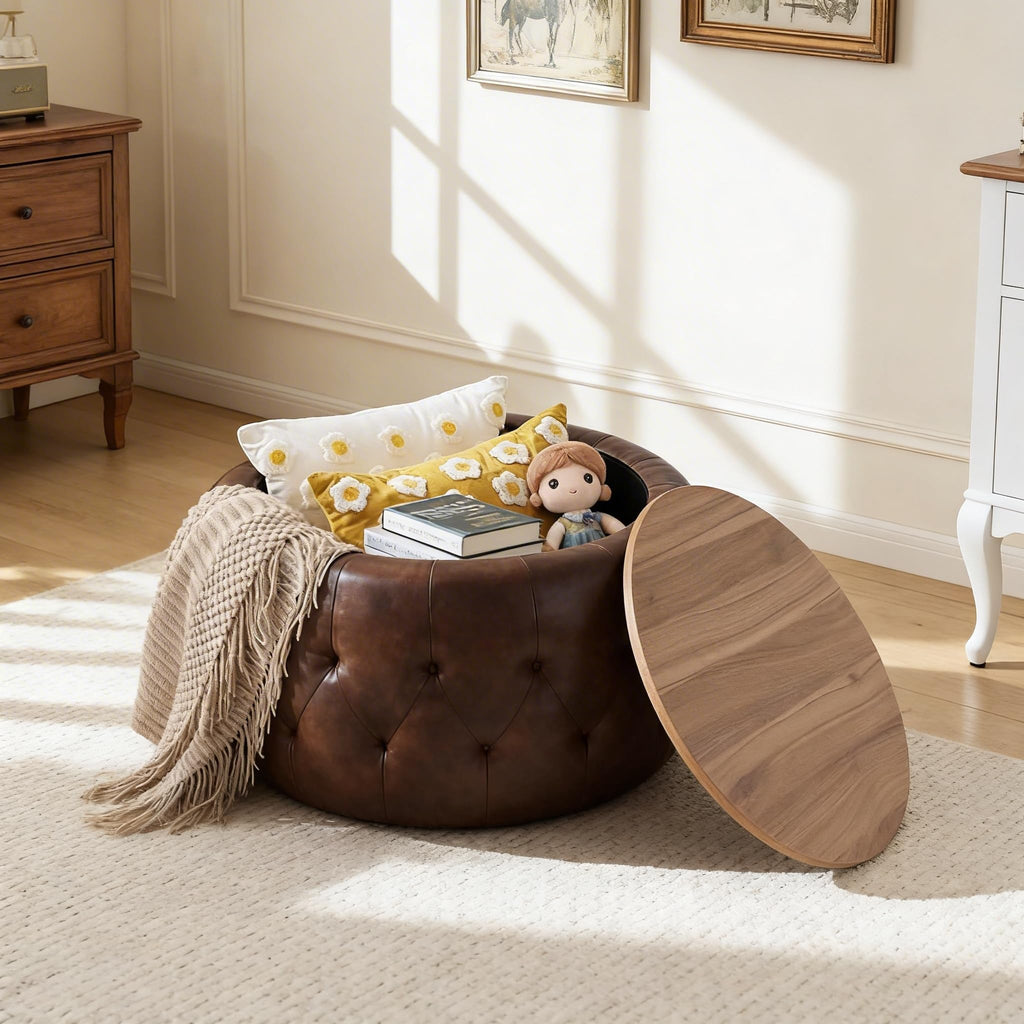 25 Inches Large Round Storage Ottoman, Modern Upholstered Ottoman Coffee Table, Wooden Top, Faxu Leather Surface