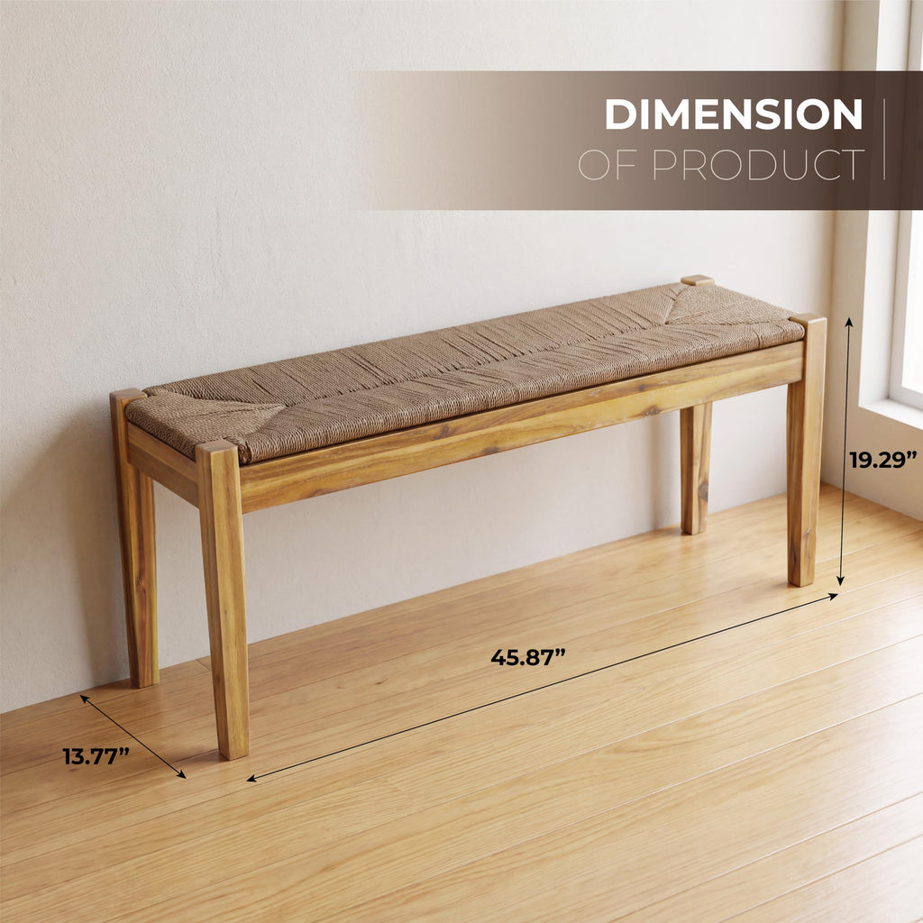 46-Inch Acacia Wood Bench with Woven Rope Seat, Indoor Entryway Bench