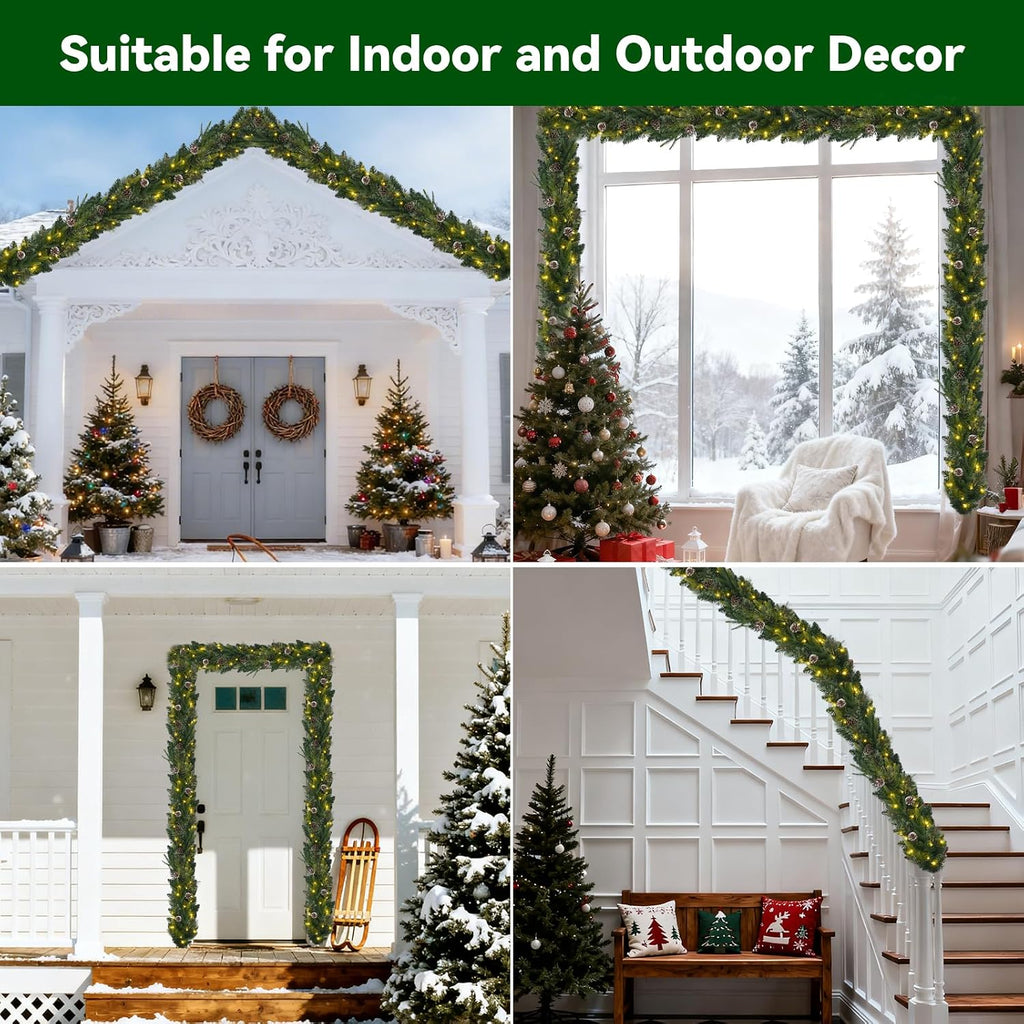 Pre-lit Christmas Garland with Lights 9FT 80LED Lighted Garland with Timer Faux Artificial Wreath Lights with Remote