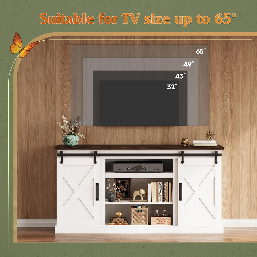 Farmhouse TV Stand for 65 Inch TV, Sliding Barn Doors, White