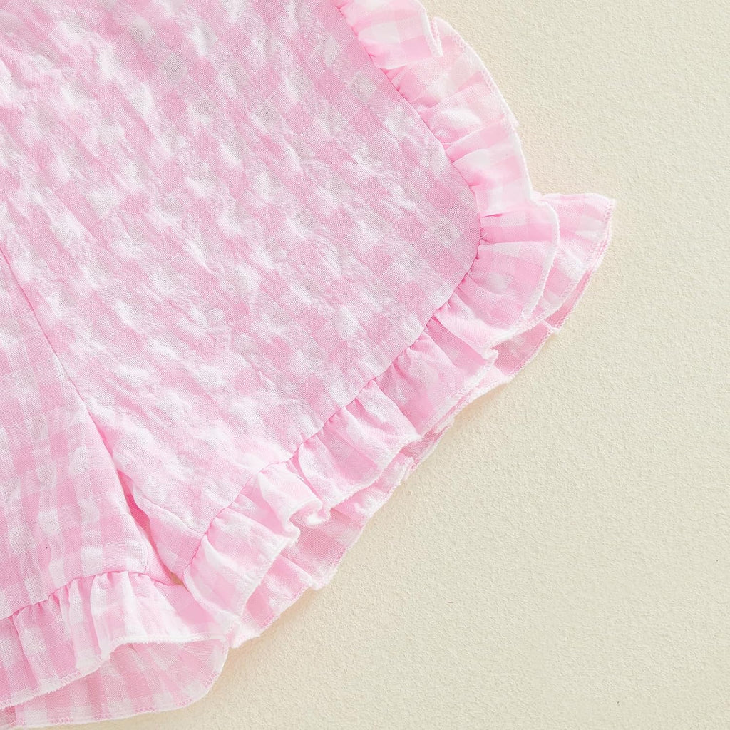 Toddler Baby Girl Summer Outfit Ruffle Sleeve Seashell Embroidery Top Gingham Shorts Set 2pcs Infant Beach Clothes