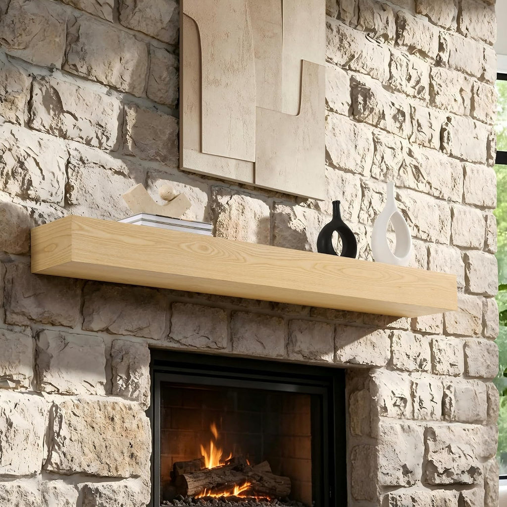 60" Real Oak, Floating Mantle, Simple Install, Light Color