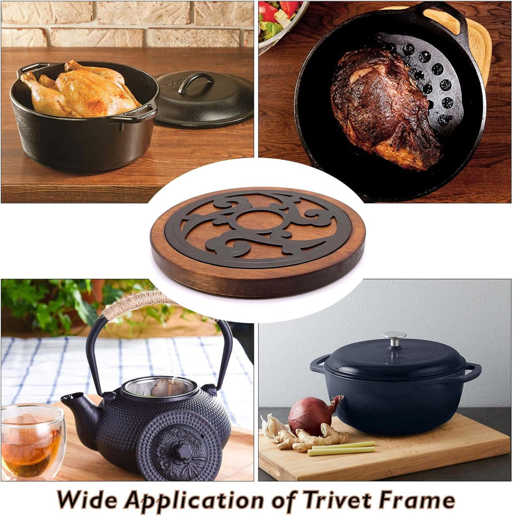 Cast Iron with Wood Trivets, Wooden Trivets for Hot Dishes, 8-inch Round Kitchen Hot Pads for Table - Set of 2