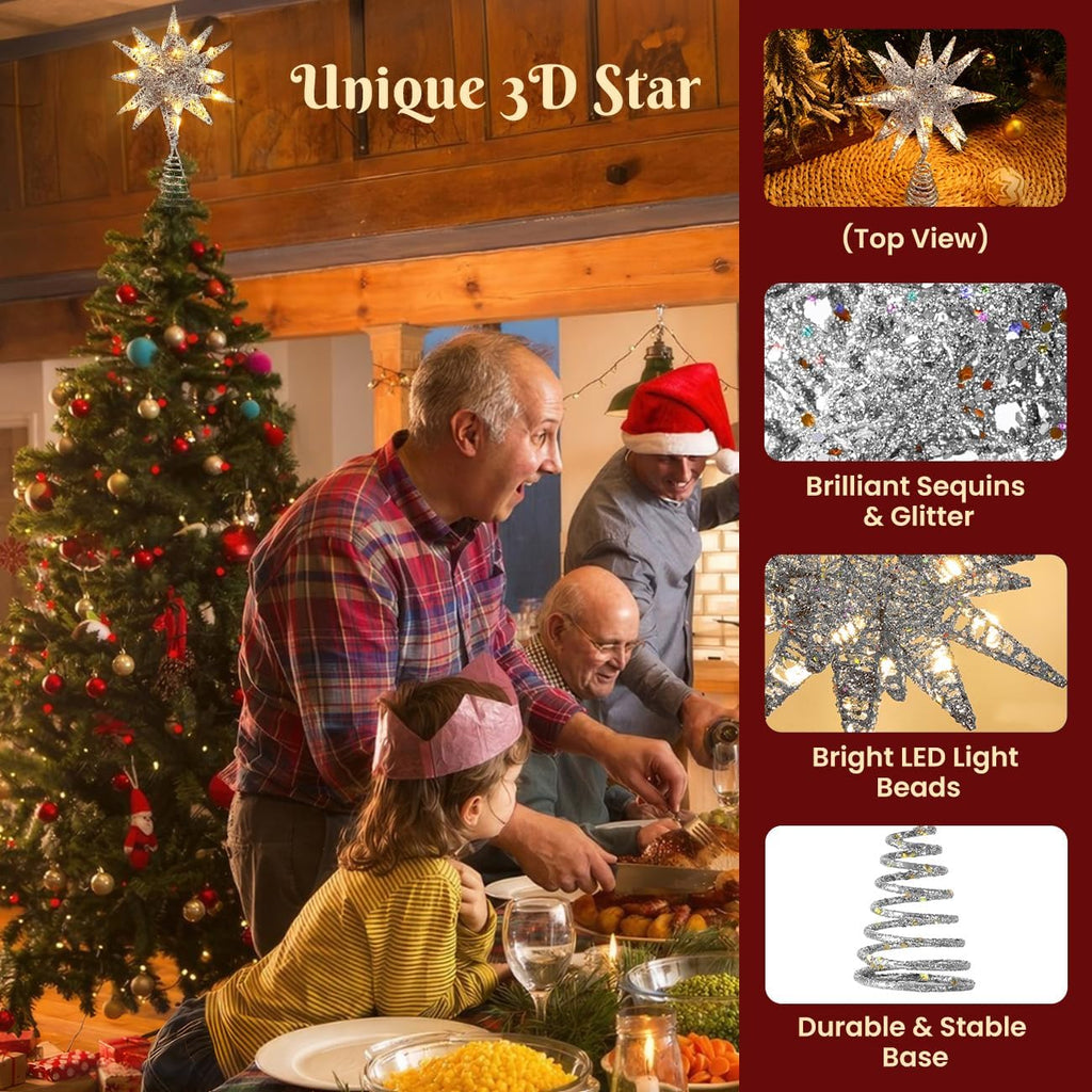Christmas Tree Topper, 3D Starburst Lighted Tree Topper, Plug in Christmas Star with Timer, Light Up Xmas