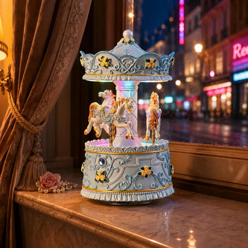 Lighted Rotating Carousel Music Box, Wind Up Musical Merry-Go-Round Figurine, Hand Painted Vintage Blue Collectible