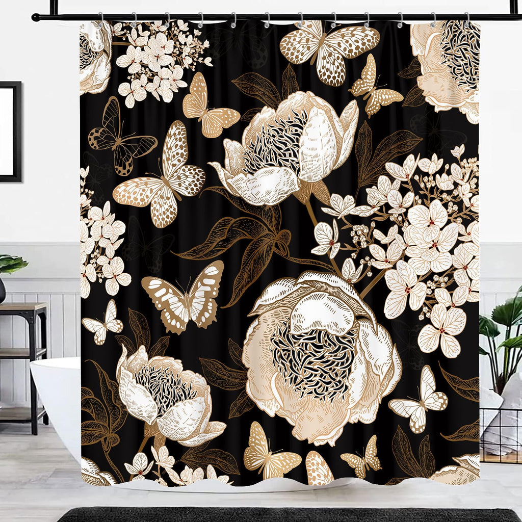 Black and Gold Floral Butterfly Shower Curtain, Boho Dark Flowers Botanical Aesthetic Shower Curtain with Hook