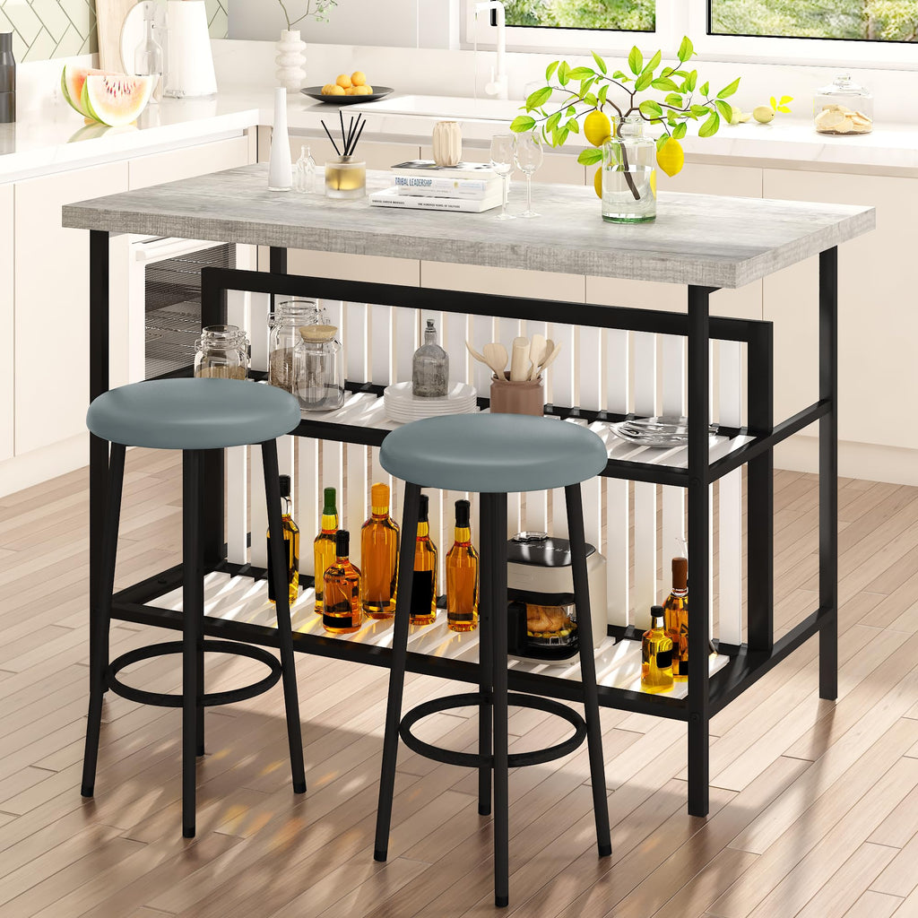 3 Piece Bar Table and Chairs Set, Industrial Bar Table Set with Storage Shelves, Marble Counter Height Island with 2