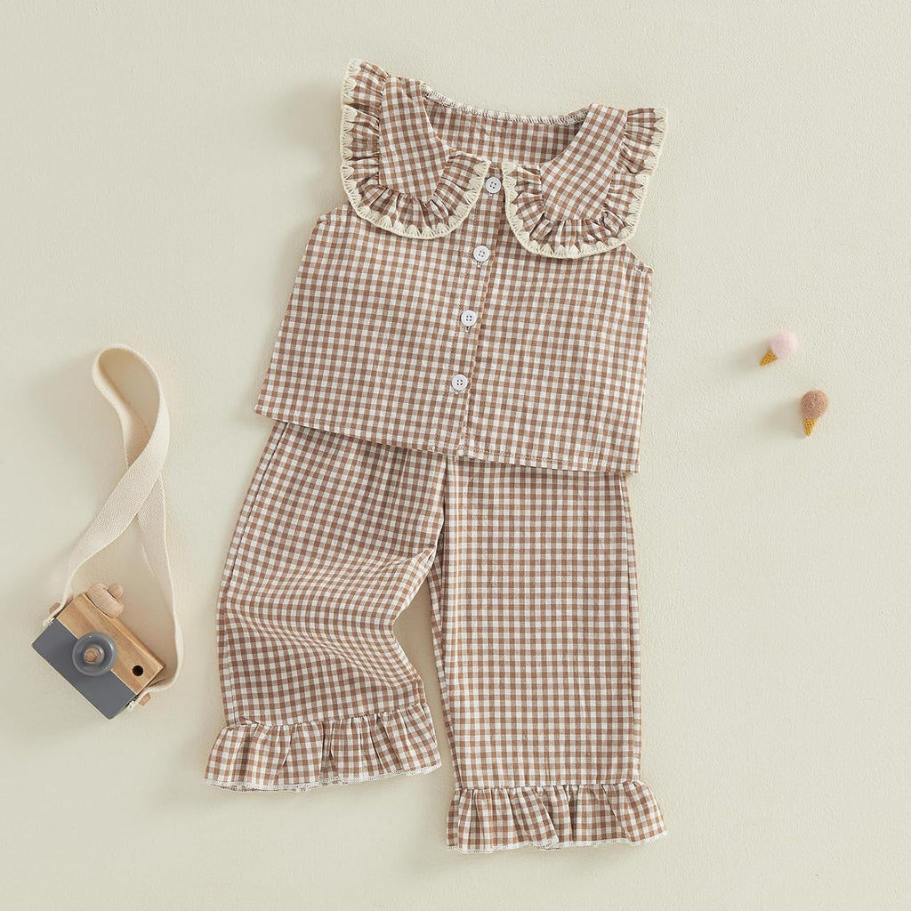 Toddler Girls Summer Clothes Set Gingham Ruffle Dress Tops Pants 2 Piece Spring Summer Outfits