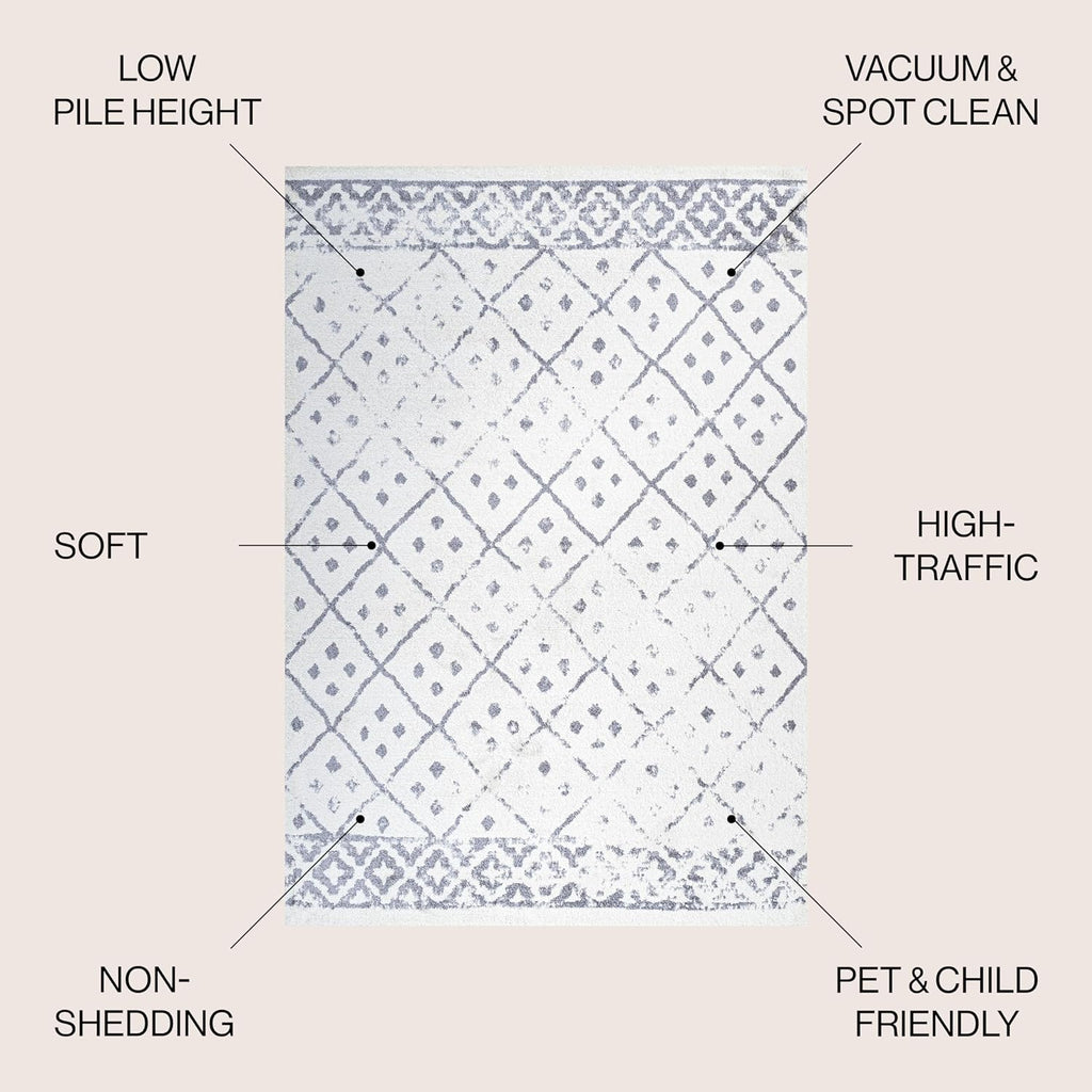 Juba Geometric Diamond Ivory/Gray Indoor Area Rug, Moroccan, Bohemian, Vintage, Easy-Cleaning, Pet Friendly