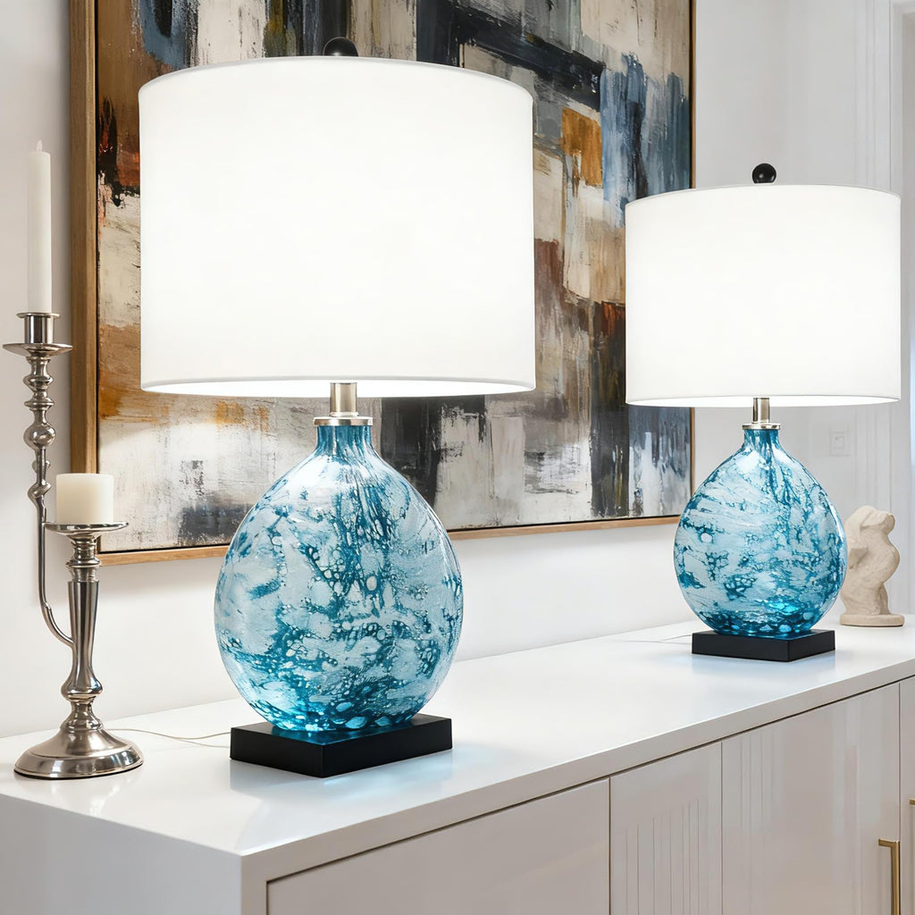 24" Coastal Glass Table Lamp, 3-Way Dimmable Blue Glass Bedside Lamp with White Drum Shade Bedroom Nightstand