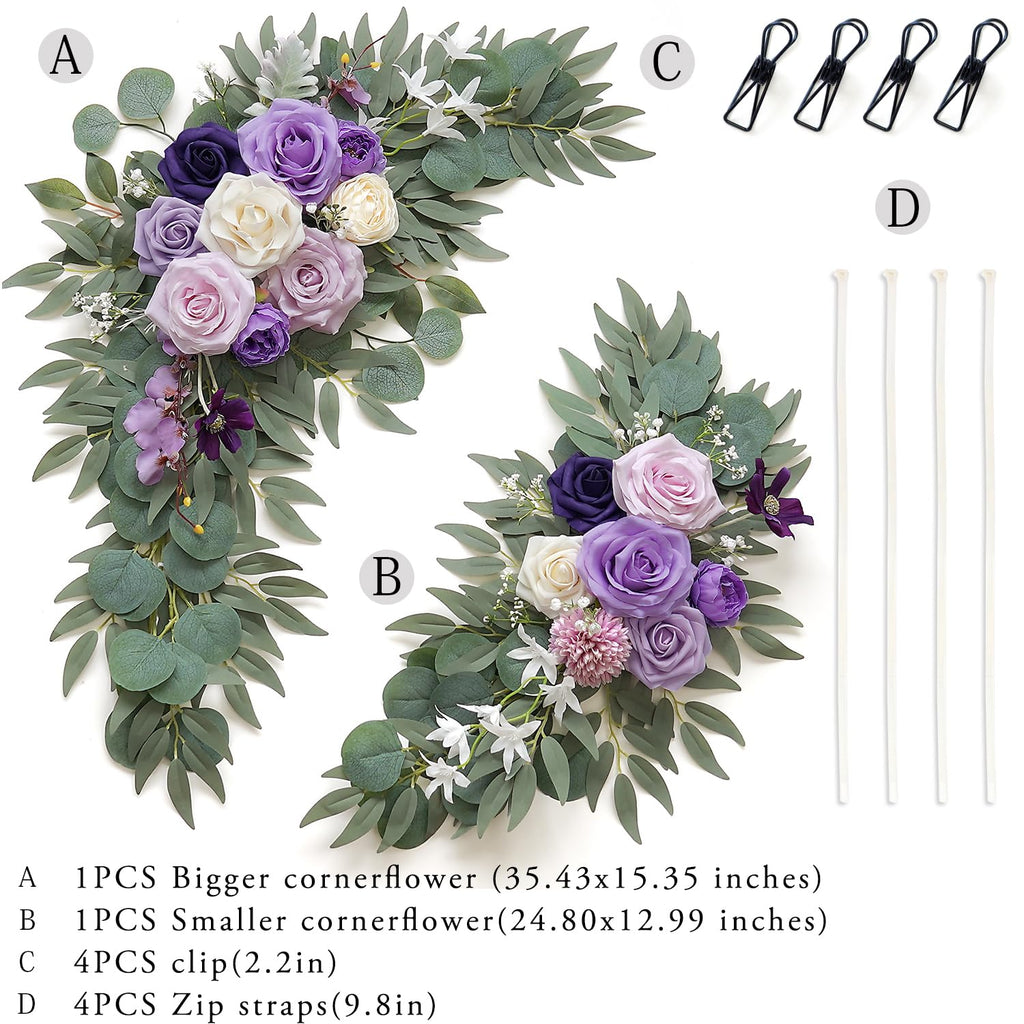 Faux Flower Swag Set of 2 for Wedding Welcome Signs Floral Decorations, Purple Wedding Arch Flowers for Wedding