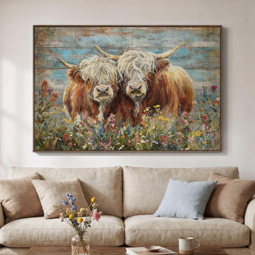 Large Farmhouse Highland Cow Wall Art, Horizontal Prints Paintings 48x32 In