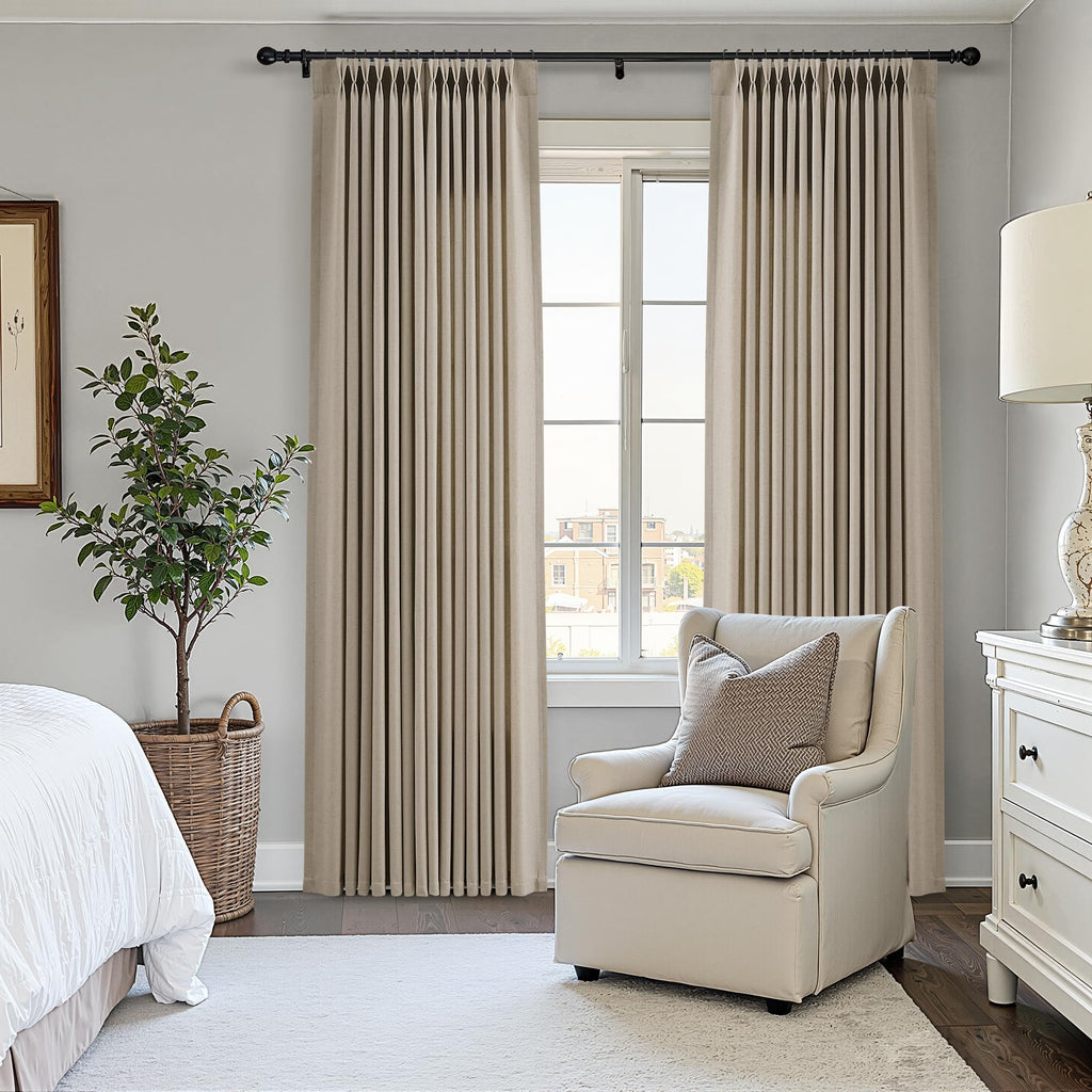 Cobblestone Pleated Linen Curtains 90 Inches Long Dining 2 Panels Pinch Pleat Drapes Hooks Rings Rustic Farmhouse