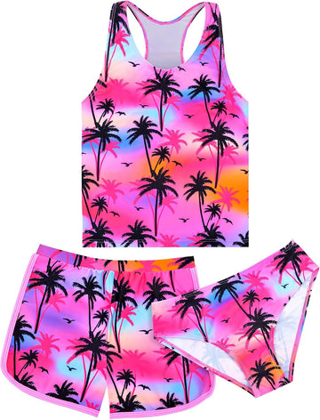 Girls Tankini Swimsuit 3 Piece Bathing Suit Set Cute Bikini Swimwear with Shorts Summer UPF 50+ Racerback Kids Swim