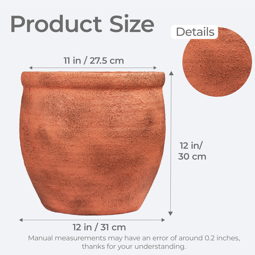 12" Dia Fiberstone Planter - Distressed Terracotta Flower Pot with Textured Matte Finish & Drainage Hole, Rustic