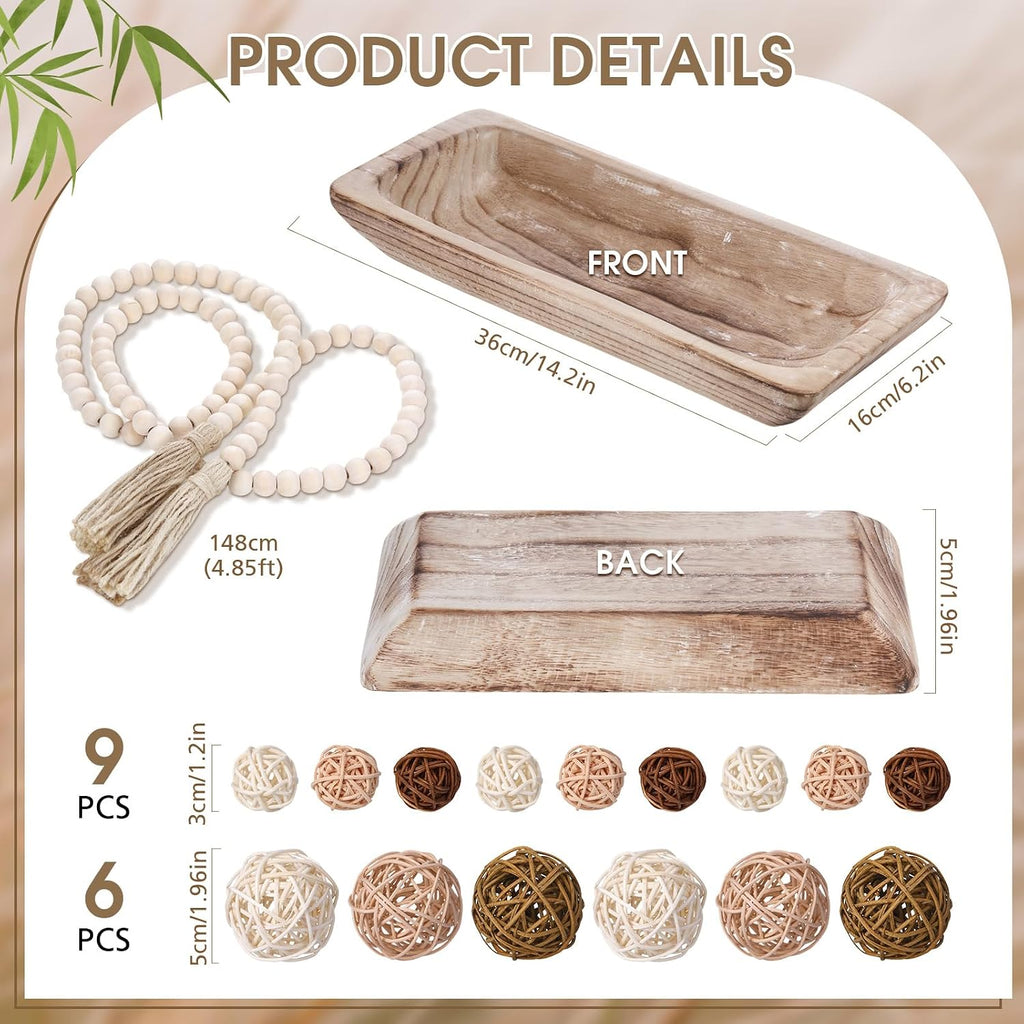 17 Pcs Wooden Centerpiece Table Decorations Wood Dough Bowl Wicker Rattan Balls Beads String with Tassel Natural