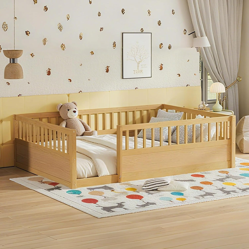 Full Size Floor Bed Frame with 21.4" High Fence, Solid Wood Low Platform Montessori Floor Bed Full for Kids, No Box