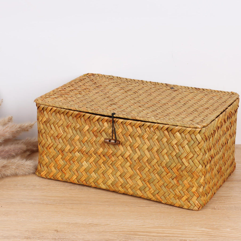 Wicker Shelf Baskets with Lid, Seagrass Storage Basket Bins Rectangular Handwoven Basket Boxes for Shelves Desktop