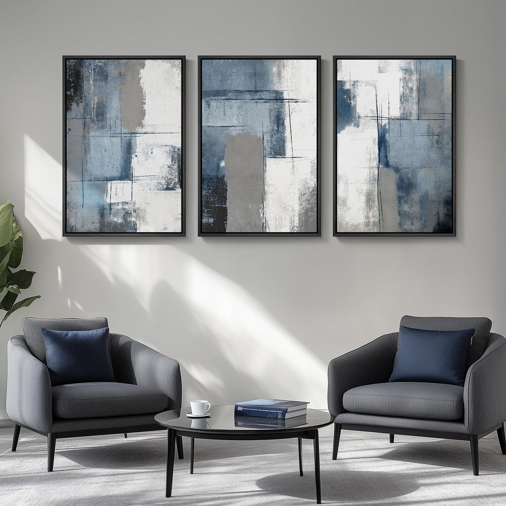 Large Framed Blue and Gray Abstract Wall Art, 3 Piece 24x36