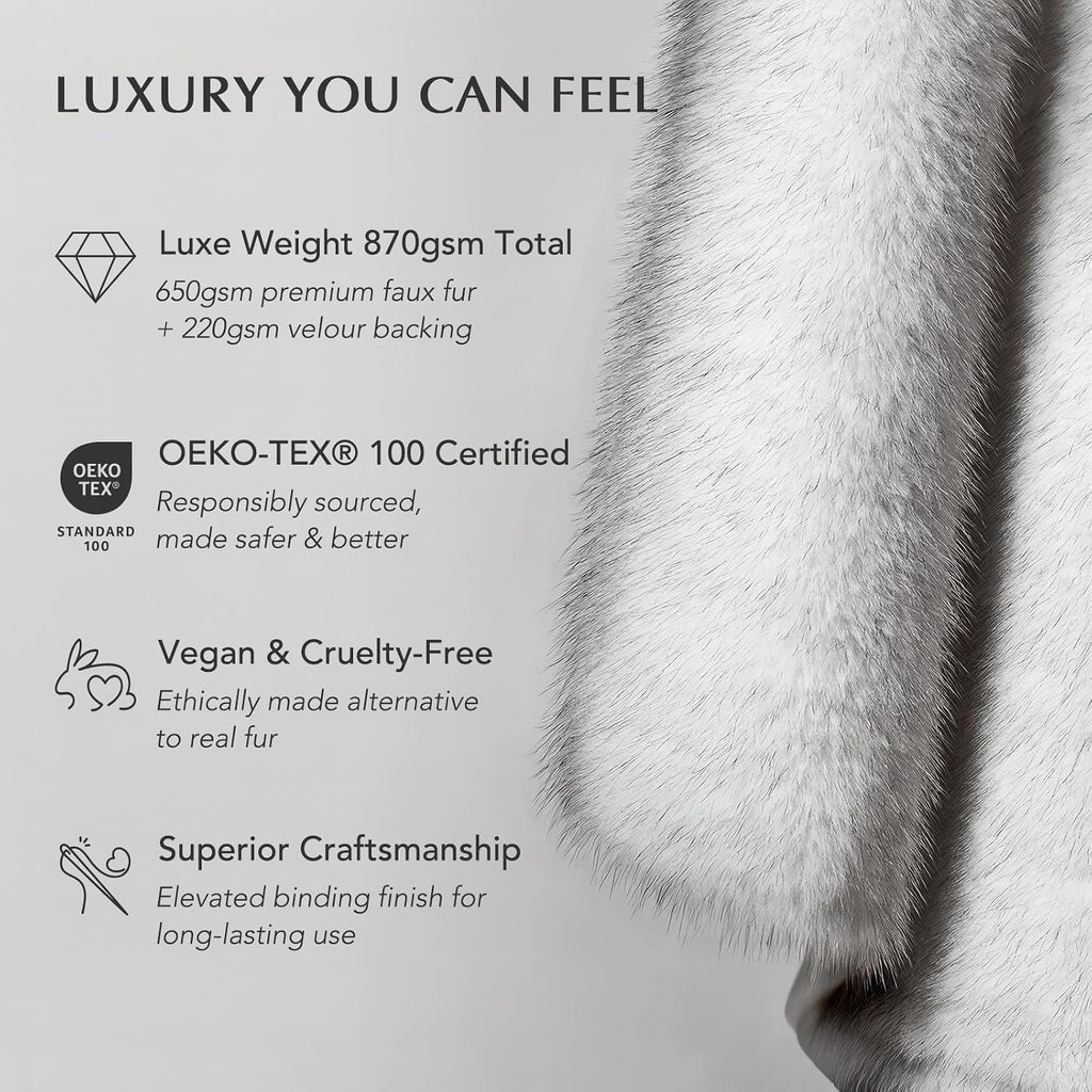Luxury Faux Fur Throw Blanket, 50"x60", Frosted White Wolf | Fluffy Faux Mink Blanket, Soft Cozy Plush, Thick Warm