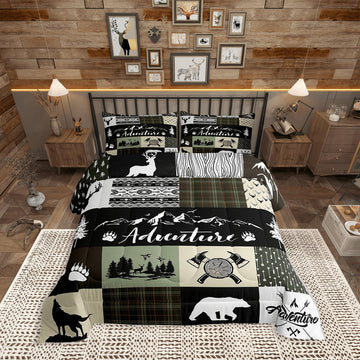 Rustic Farmhouse Comforter Set, Bear Deer Wolf Wild Animals Patchwork Bedding Set All Season Quilt Set, Cabin