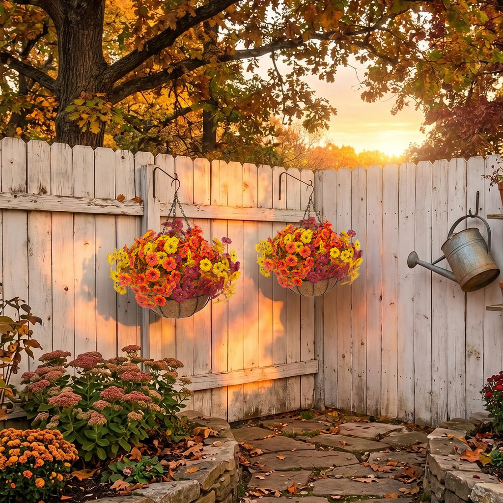 2 Set Artificial Outdoor Fall Flowers with Hanging Basket, 2 Packs Hanging Planters with 24 Pcs Faux Fall Mums for