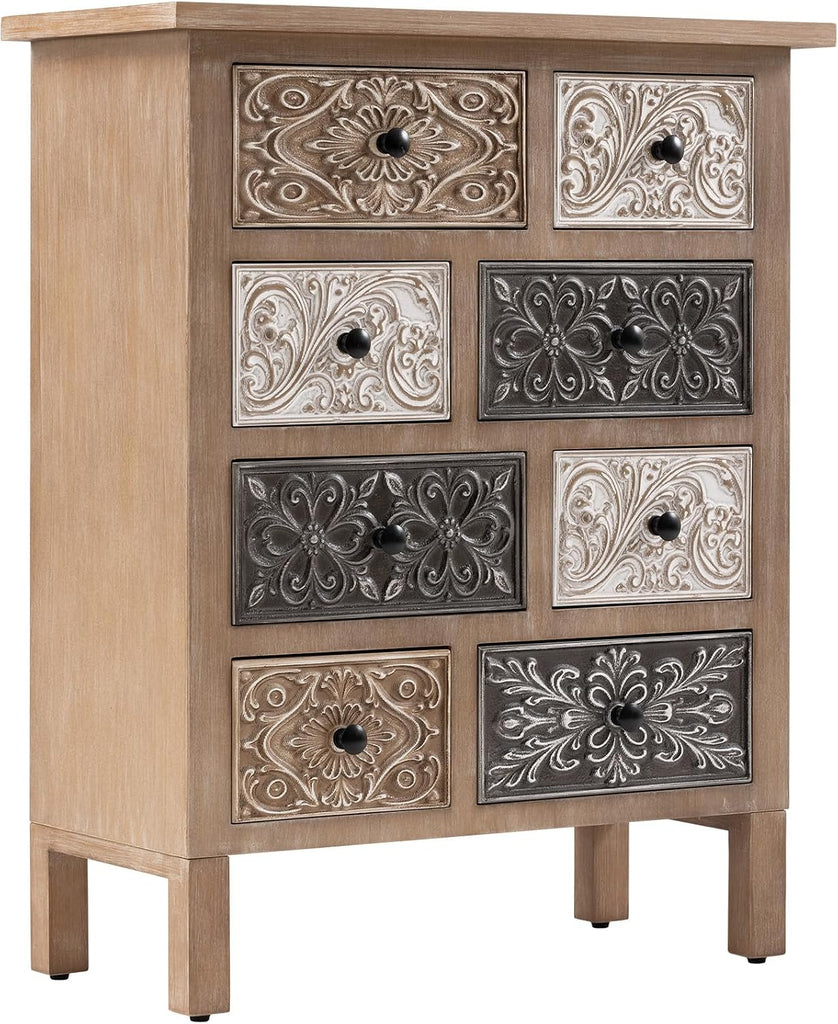 Vintage Accent Cabinet with 8 Hand-Carved Drawers, Boho Rustic Wood Storage Chest, Fully Assembled Distressed