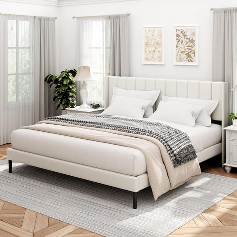 King Bed Frame and Headboard,Vertical Channel Tufted Wingback No Box Spring Needed, Mattress Foundation