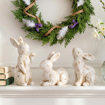 Easter Bunny Decorations, Vintage Resin Bunny Figurines Decor, Rustic Off-White Rabbit Statue, Farmhouse - Set of 3