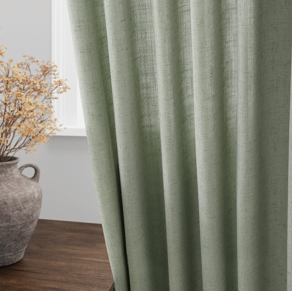 Extra Long Desert Sage Linen Curtains 120 Inch 2 Panels Set Rod Pocket Back Tab Light Filtering Semi Sheer Linen