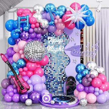 Kpop Music Balloon Garland Arch Kit, Pastel Hot Pink Metallic Blue Purple Silver Balloons Disco Ball Guitar Music