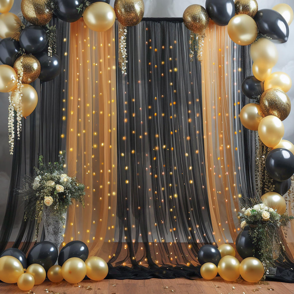 10x10ft Black Tulle Backdrop Curtain with Lights String for Parites, Sheer Photo Backdrop Drapes for Wedding Baby