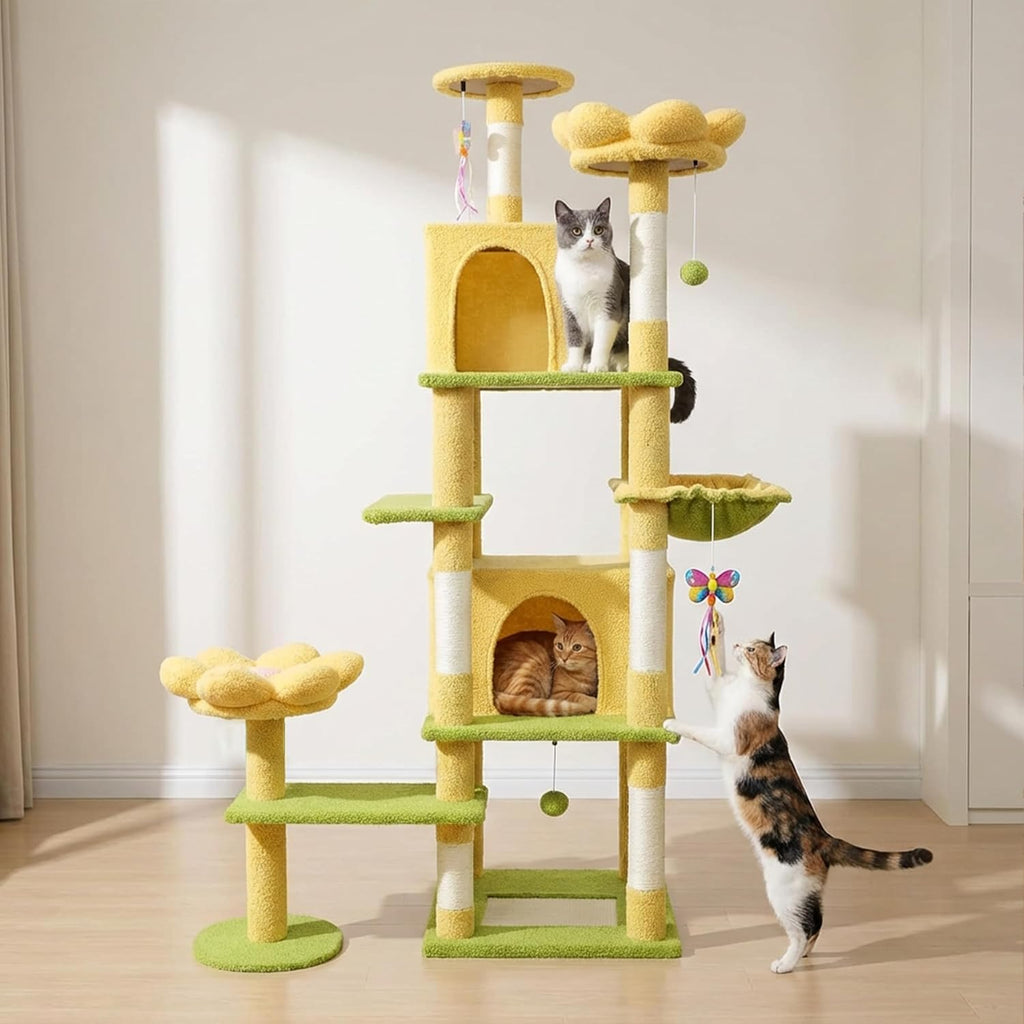 Flower Cat Tree 71 Inches, Large Cat Tower with 2 Detachable Flower Cushions and 2 Hiding Condo, Tall and Big Cat Tree
