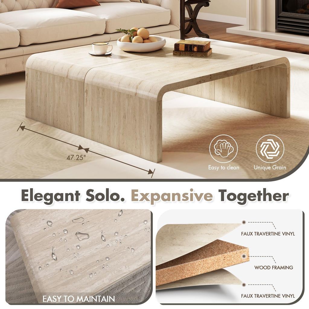 47" Travertine Look Coffee Table, Thick Waterfall Edge Wood