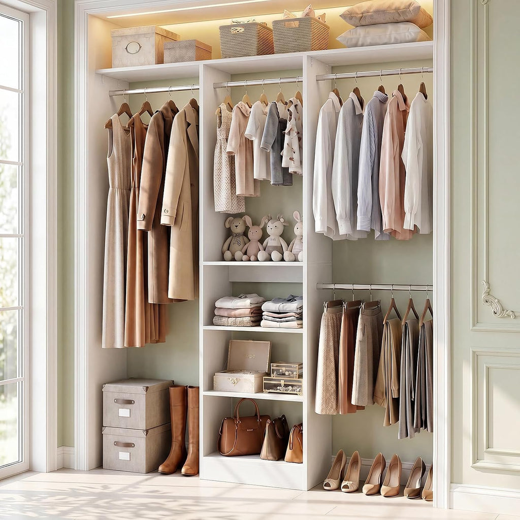 48" Closet Organizer System, 4FT Closet System for Small Closets with 4 Hanging Rods & 3 Shelves, 80"H Small Closet