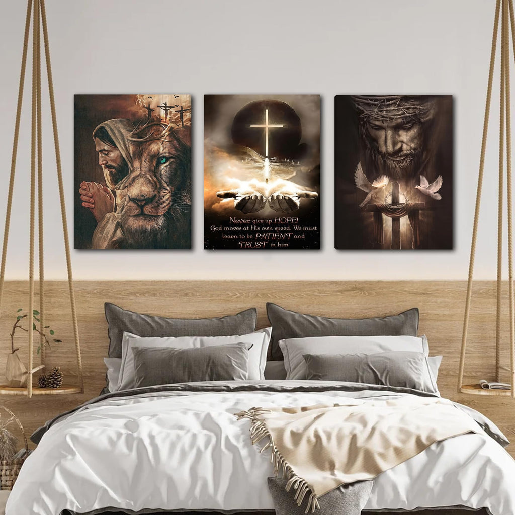 3Pcs Jesus Wall Art, Christian Wall Decor for Biblical Room, Unframed Canvas Painting Prints, Religious Art Posters