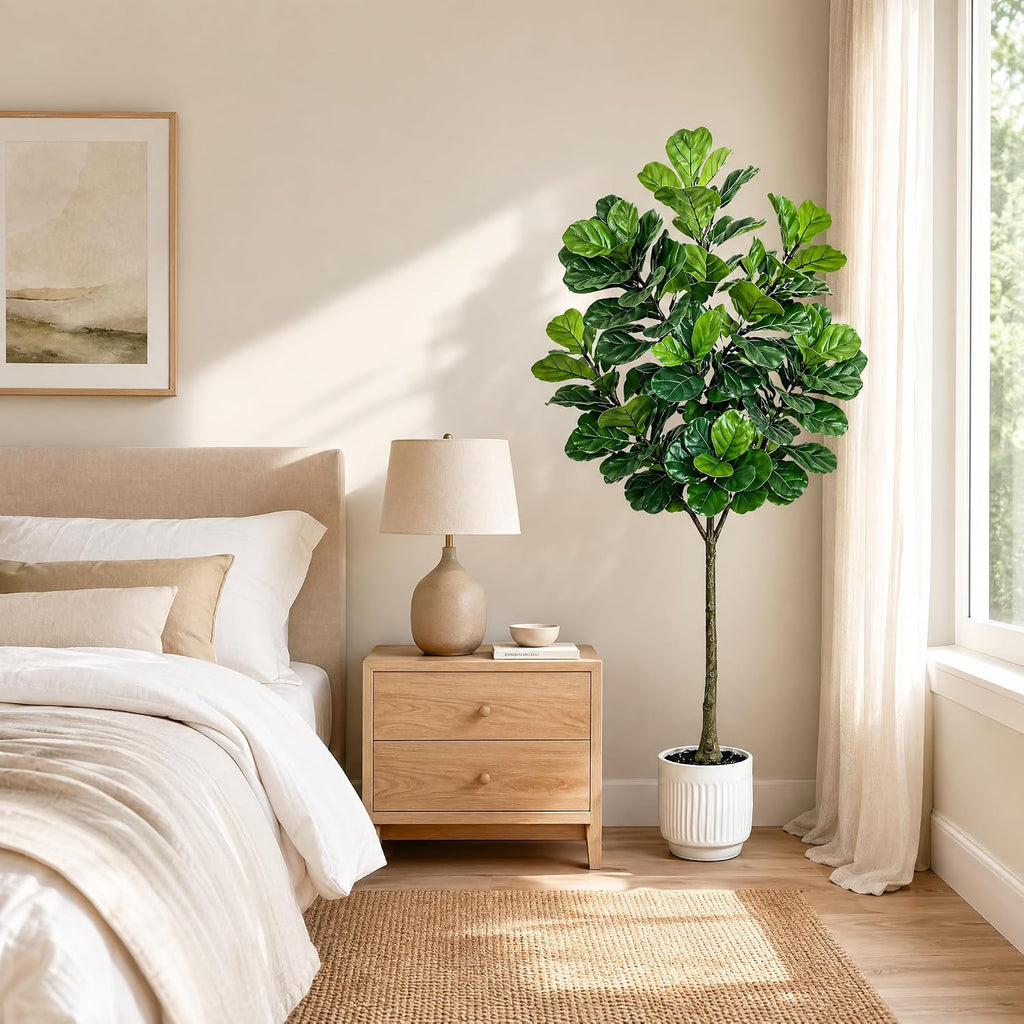 6FT Fiddle Leaf Fig Artificial Tree, Silk Fake Ficus Tree with White Planter, Indoor Faux Fiddle Leaf Fig Tree