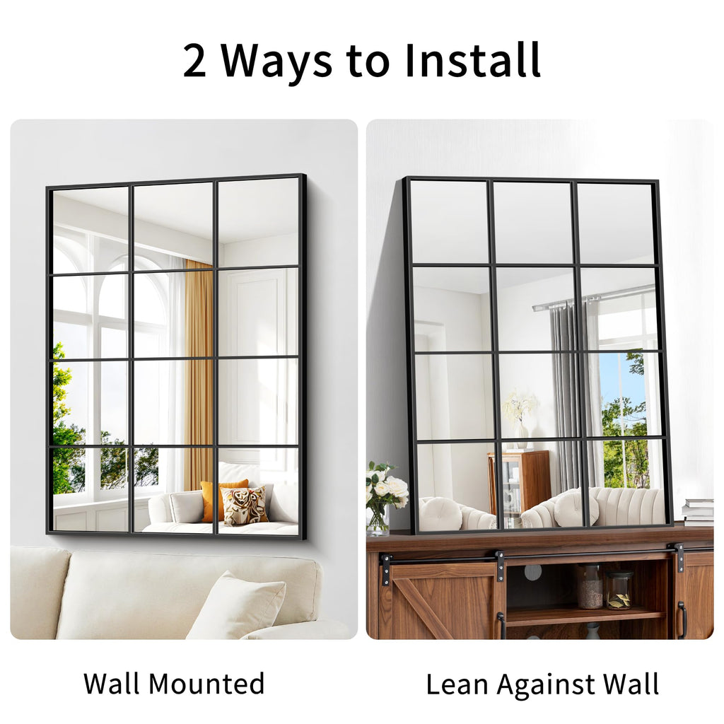 Rectangle Mirror Wall Mounted, 36"x48" Window Pane Mirror Wall Decor Metal Framed, Large Black Mirror Living Room