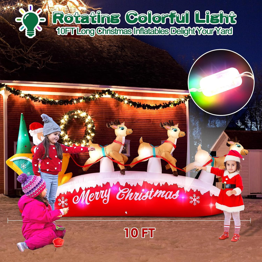 Christmas Inflatables 10 FT Long Santa Sleigh and Reindeer Decor