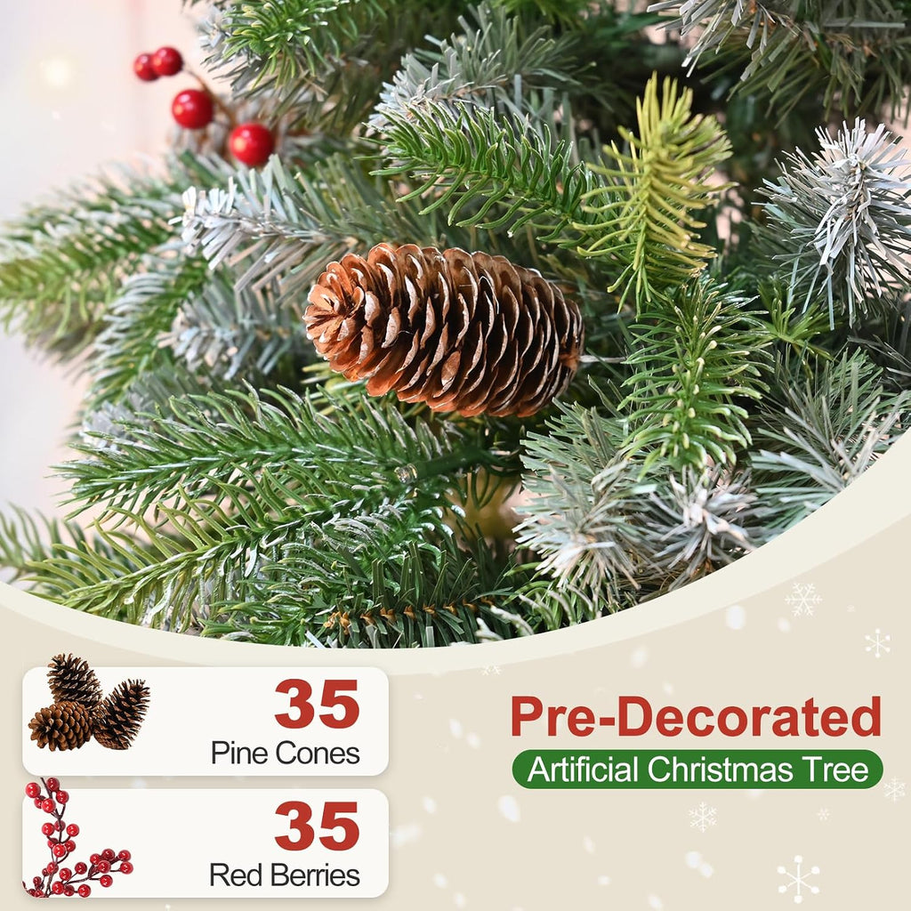 7 Ft Artificial Christmas Tree Pre-Decorated with Snow Flocked PVC&PE Tips, Pine Cones, Red Berries, Unlit Xmas Tree