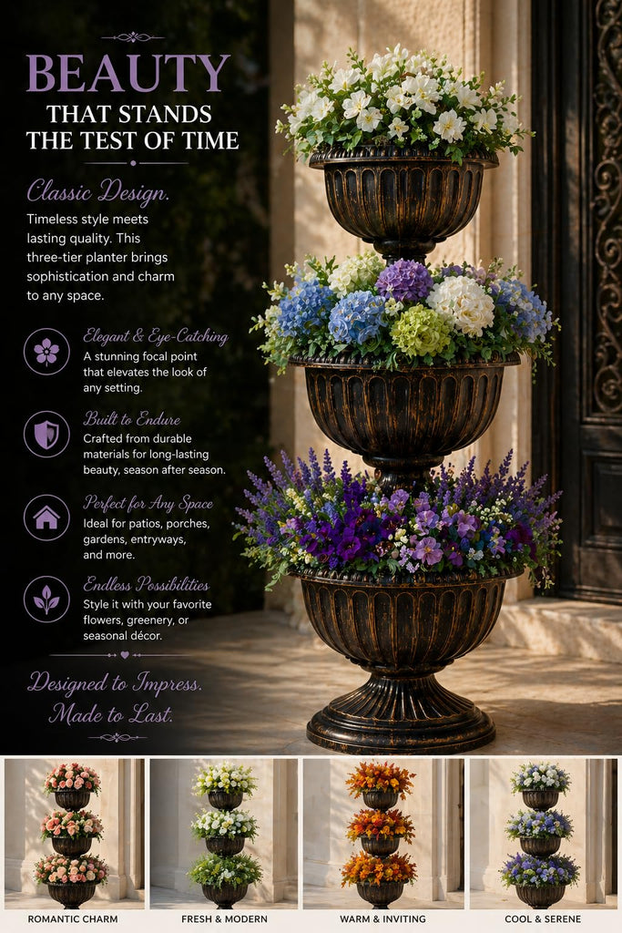 Triple Stacked Flower Bowl Urn Tier Planter for Outdoors, Bronze